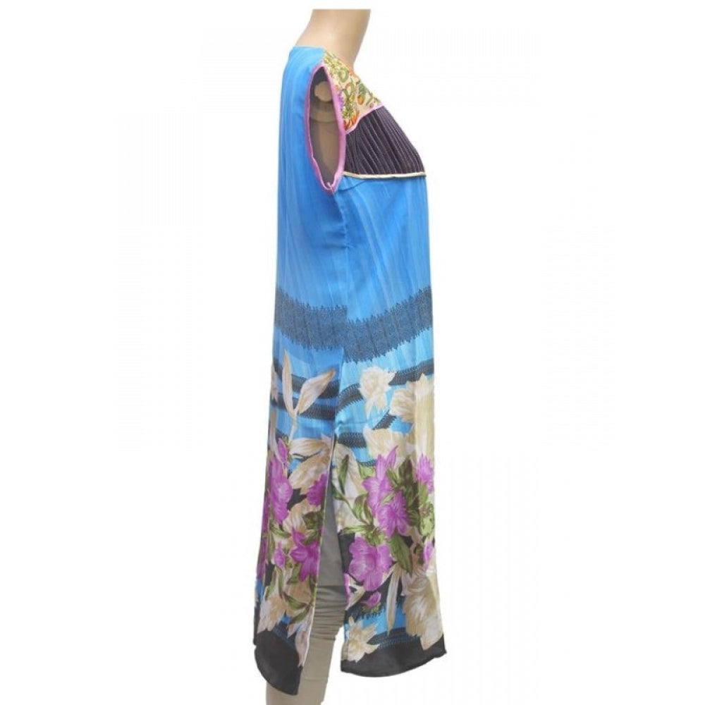 Blue synthetic kurtis (M), 3/4 sleeve, mandarin collar, breathable material for women's fashion