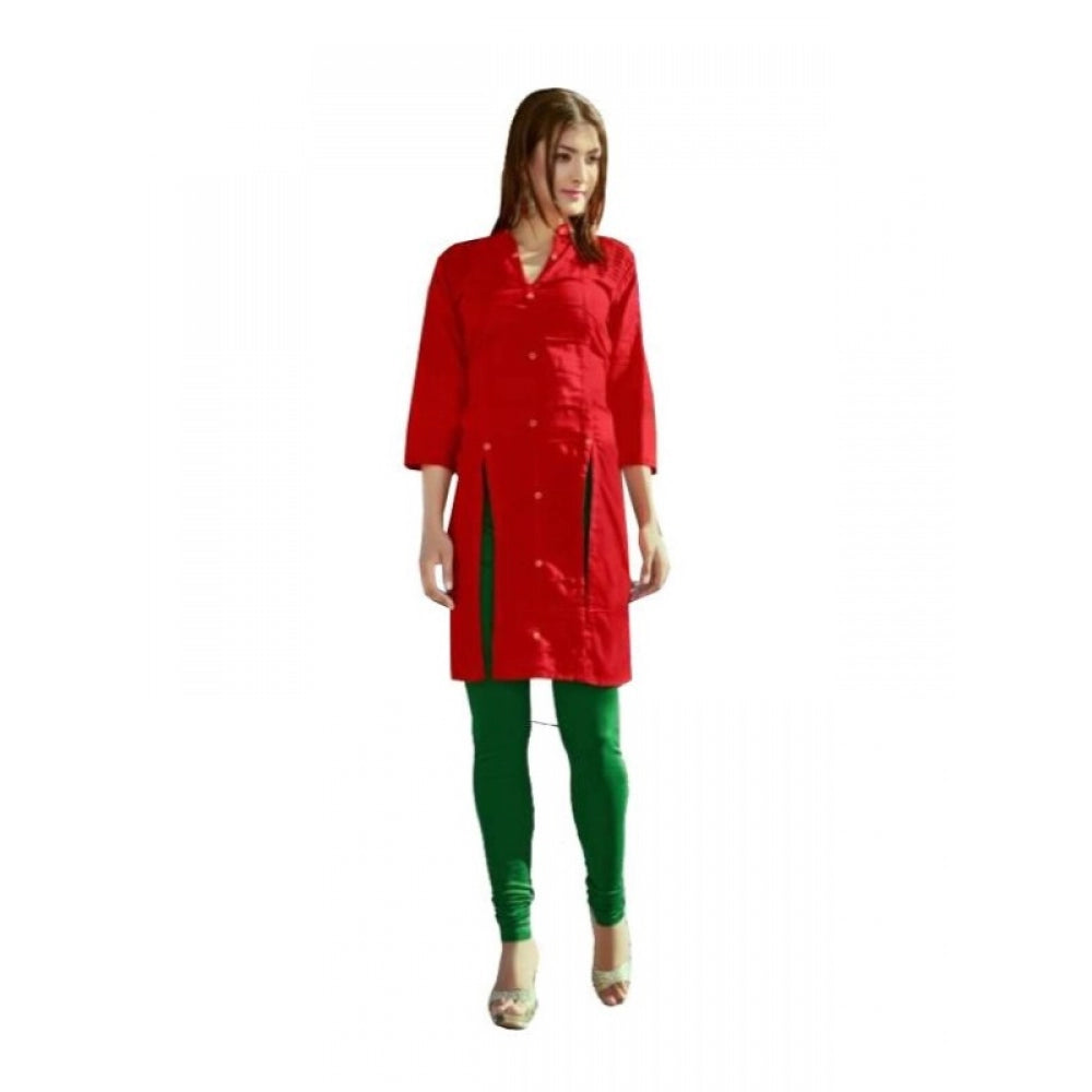 Red cotton kurti for women with mandarin collar and 3/4 sleeves, size L, length 45 inches
