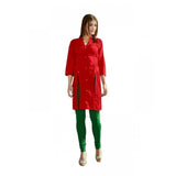 Red cotton kurti for women with mandarin collar and 3/4 sleeves, size L, length 45 inches