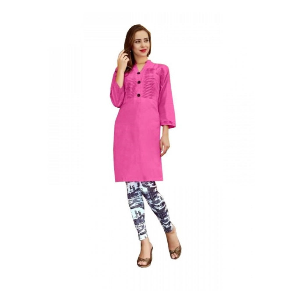 Pink cotton XL kurti, breathable 3/4 sleeve V-neck style for women's fashion, close-up view