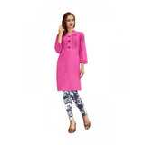 Pink cotton XL kurti, breathable 3/4 sleeve V-neck style for women's fashion, close-up view