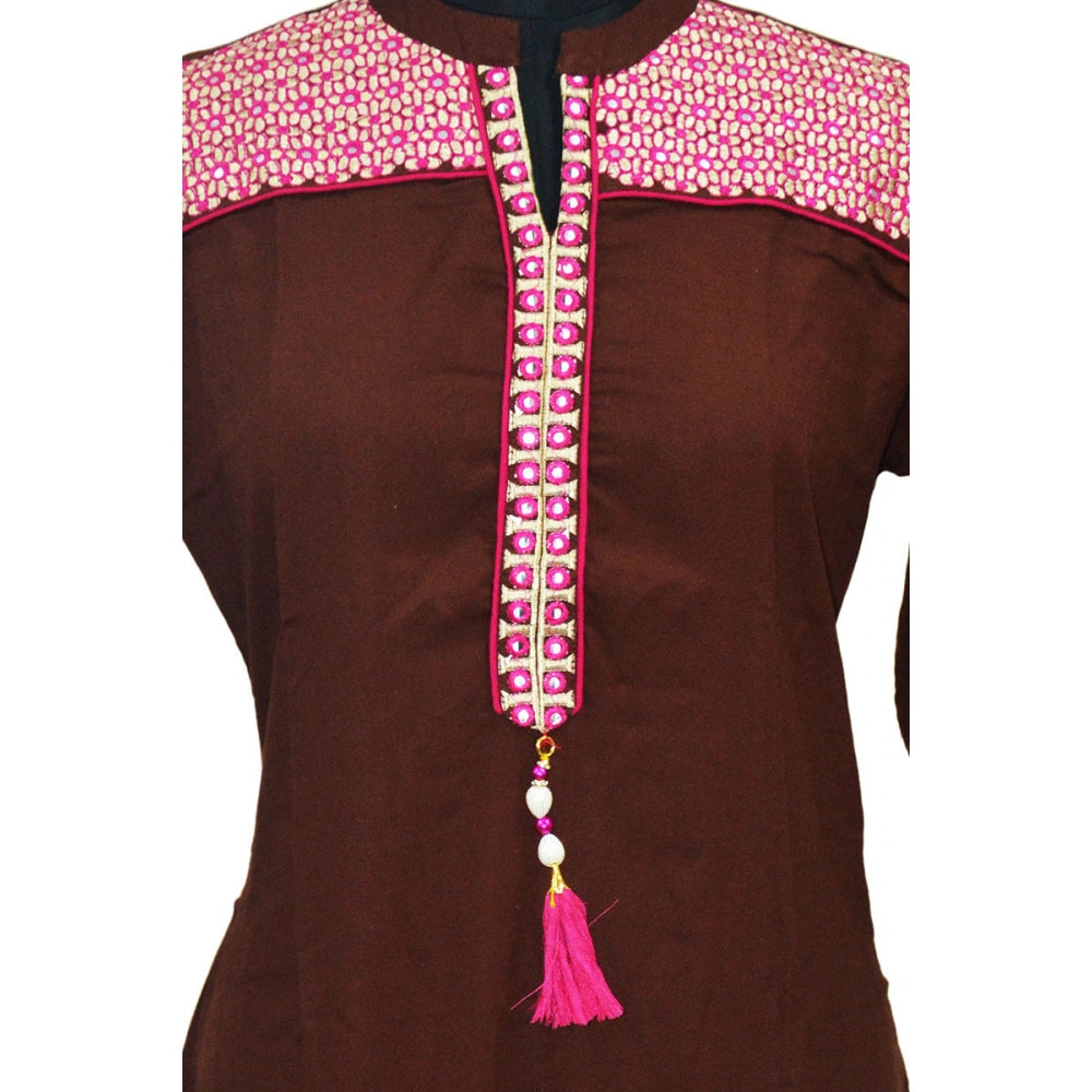 Brown rayon XL women's kurti with 3/4 sleeves, cotton material and designer neckline