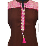 Brown rayon XL women's kurti with 3/4 sleeves, cotton material and designer neckline