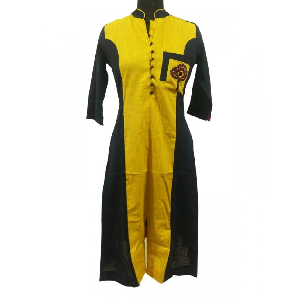 Women's Cotton Kurtis (Yellow, Black) in sizes L, breathable 42, round neck, 3/4 sleeves
