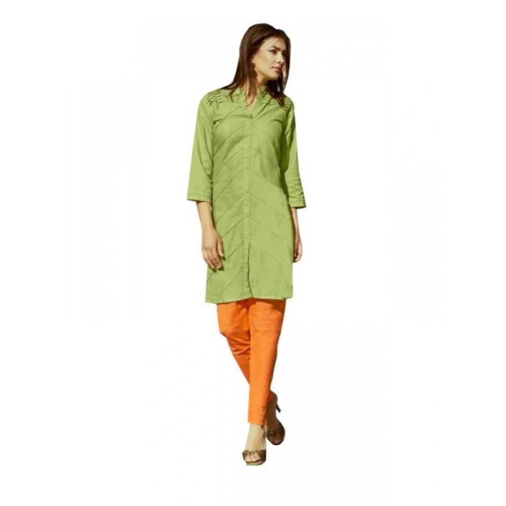 Green cotton kurti for women, 3/4 sleeve with V-neck, breathable fabric length 45 inches