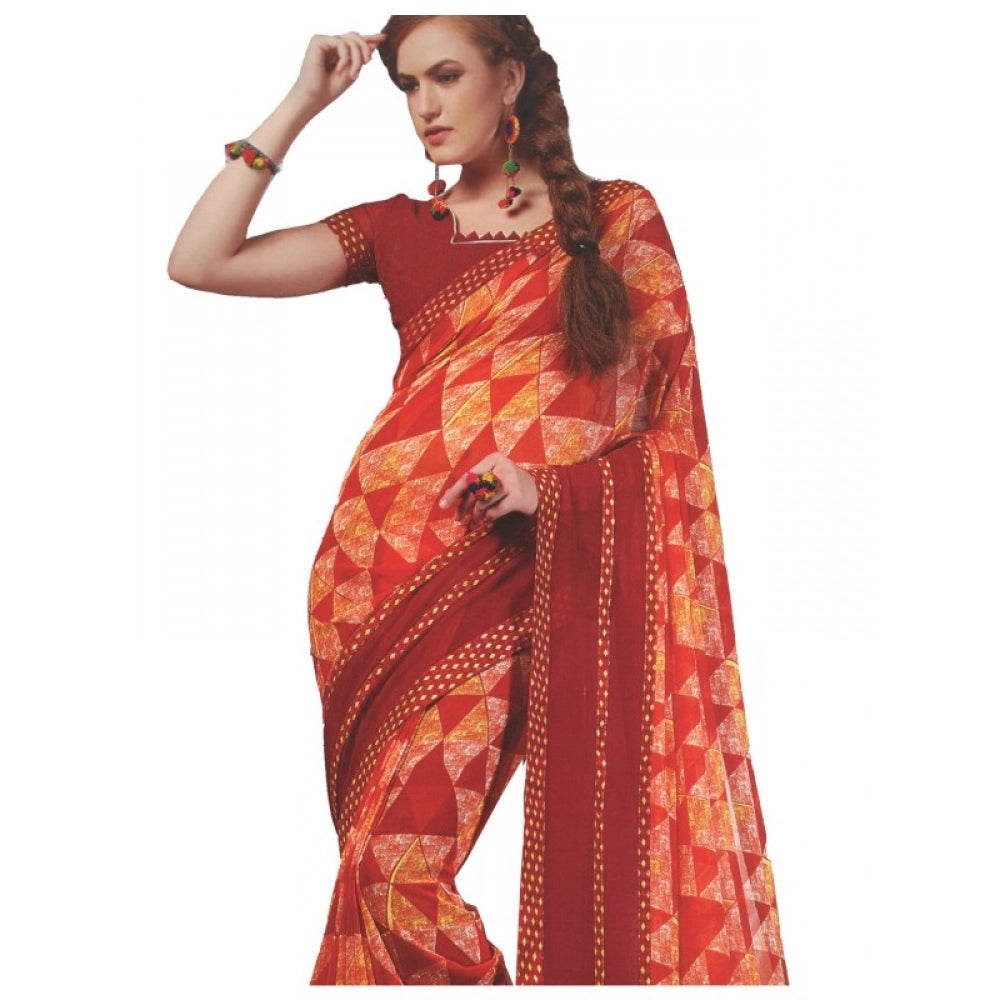 Red Georgette Digital Printed Saree (6.25 Mtr) - Soft, vibrant georgette digital saree with blouse on display