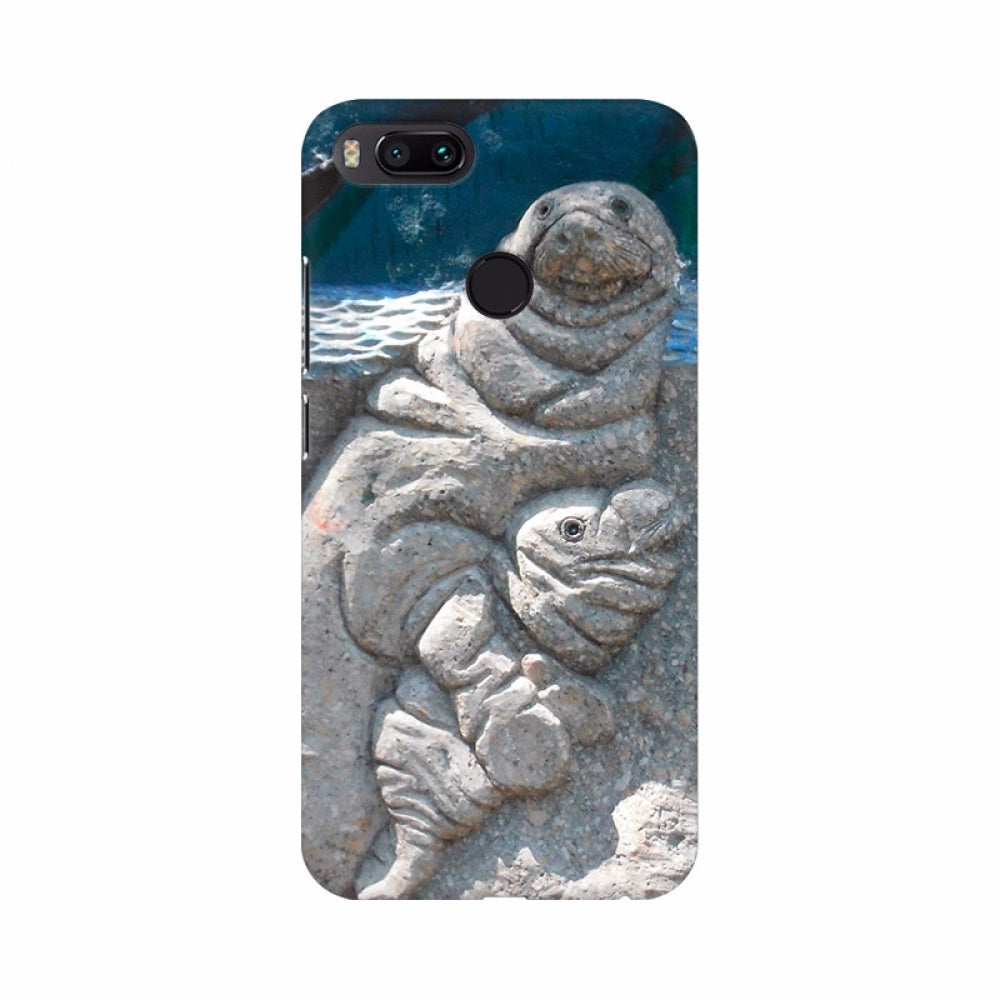 Stone mobile case cover with a chubby manatee design. Gray, textured, durable protection.