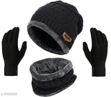 Winter beanie hat, scarf, gloves combo set. Assorted color. Woolen material. Fur lined