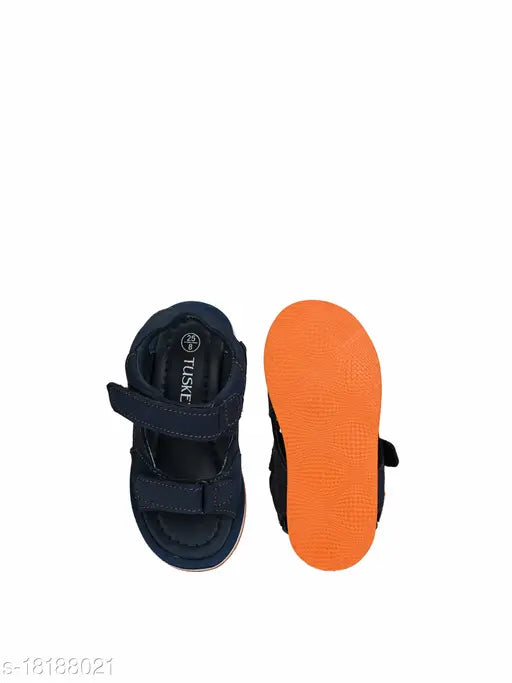Dark blue genuine leather children's sandals with orange antiskid sole