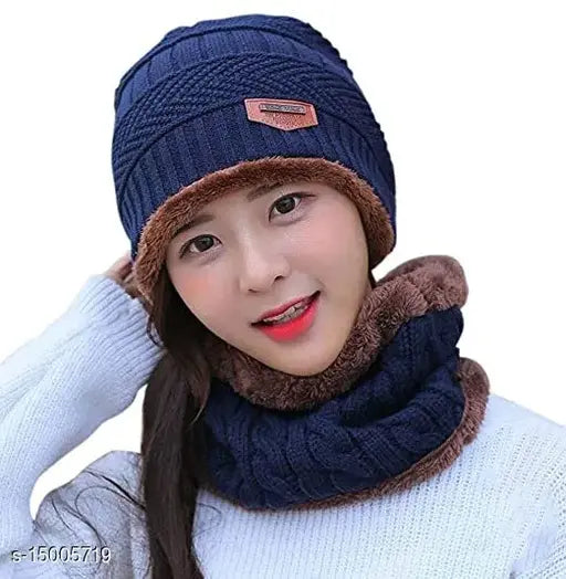 ARNAH TREASURE Fashlook Navy Blue Woolen combo Cap With Woolen Scarf For Men & women
