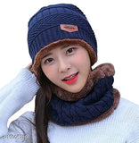 ARNAH TREASURE Fashlook Navy Blue Woolen combo Cap With Woolen Scarf For Men & women