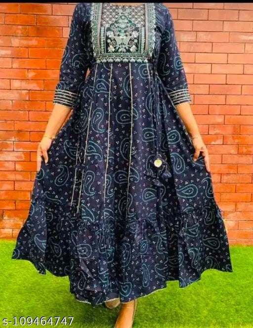 Stylish rayon kurti with embroidery and printanarkali pattern, three-quarter sleeves, available in multiple sizes from M to 6XL. Made in India