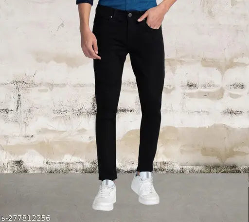 Black stretchable denim jeans for men, size plain black cotton fabric, durable and affordable