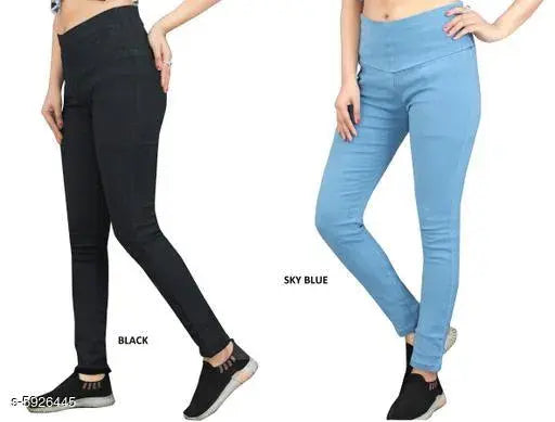 Denim skinny fit stretchable medium waist jeggings in black and skyblue for women, pack of 2 - Solid denim jeggings on hanger with different sizes available
