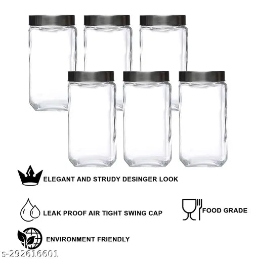 Transparent airtight glass jars, cube shape, 1Ltr each for kitchen storage (pack of 6), ideal for dry fruits
