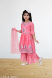 Pink Georgette Tomato Lahera set for girls, embroidered net three-quarter sleeve dress