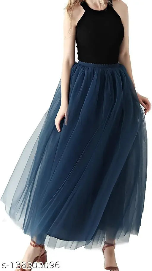 Navy blue net solid skirt for women trendy design, featuring front elastic waistband and shantoon lining