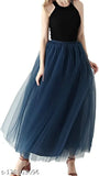 Navy blue net solid skirt for women trendy design, featuring front elastic waistband and shantoon lining