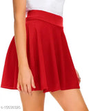 Red polyester stretch waist flared mini skater short skirt for women, solid design for casual outfits