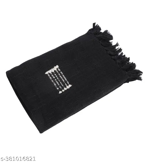 Black cotton pattern throw blanket with fringe detail