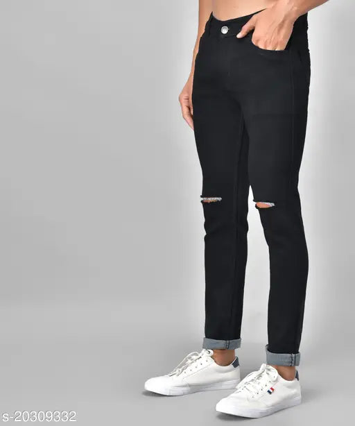 Black denim slim fit men's knee-cut jeans, single pack. Solid design, sizes 28/30/32 (inseam 43in), made in India