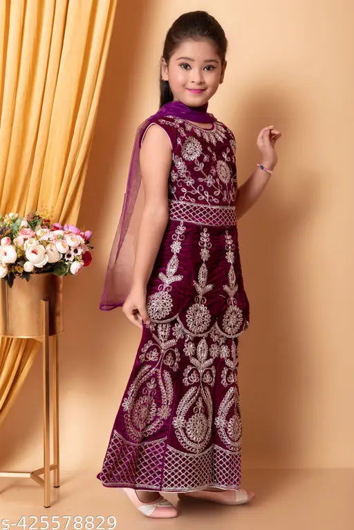 Velvet embroidered Lahanga with abstract stitch, sleeveless lehenga and floral dupatta, silk blend. Indian traditional wear for 3-4 years, free size (waist 44in)