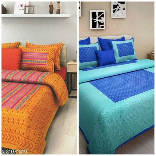 Geometric print, 100% cotton Jaipuri flat sheets by Funcy Home. Two double-sized bedsheets with four pillow covers