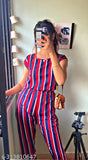 Striped crepe jumpsuit for women - trendy, short-sleeved, Indian-made