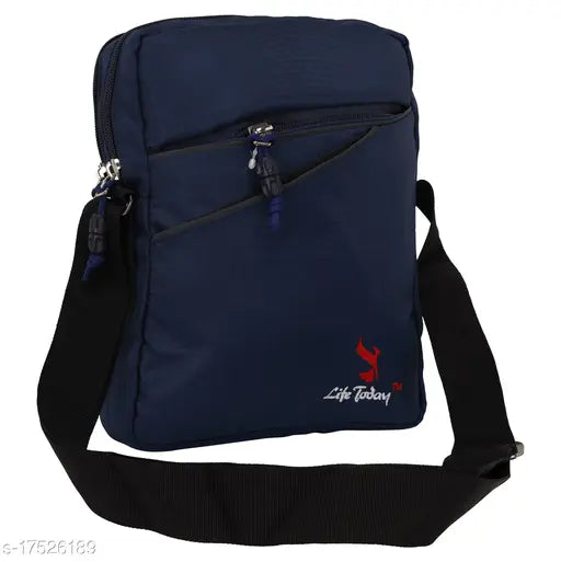 Navy blue fabric backpack with zip closure and adjustable strap