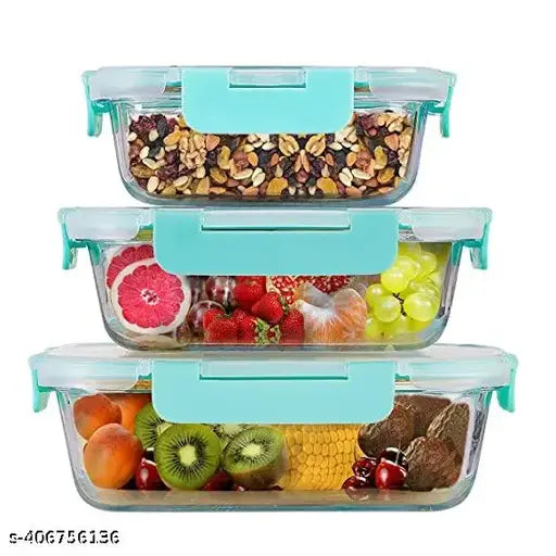 Glass Launch Box Set of 3 with 400ml, 600ml, and 800ml. Clear, rectangular containers with lids for food storage. Break Free Detachable Locks, oven safe, microwave safe, and freezer safe. Transparent glass containers with lids