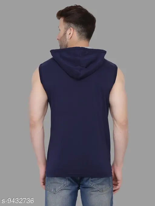 Navy blue cotton blend sleeveless solid hood T-shirt, perfect for casual wear this season. High-quality, comfortable, and trustworthy. Made in India