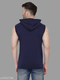 Navy blue cotton blend sleeveless solid hood T-shirt, perfect for casual wear this season. High-quality, comfortable, and trustworthy. Made in India