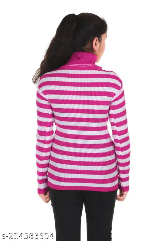 Pink and white striped woolen turtleneck sweater for girls, full sleeves, pack of 1.