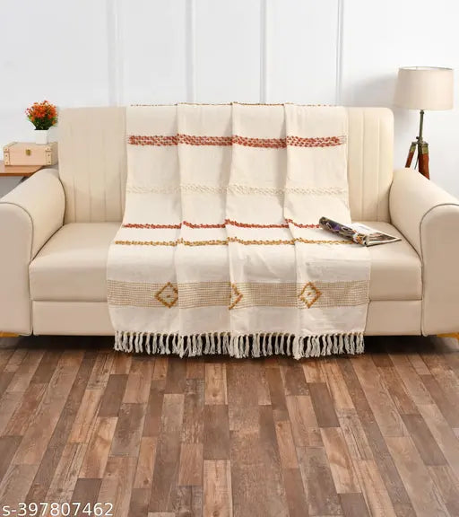 Multi-colored Handwoven Cotton Throw Blanket, intricately crafted with artisanal techniques, perfect for sofa or bed, 52x70 inch