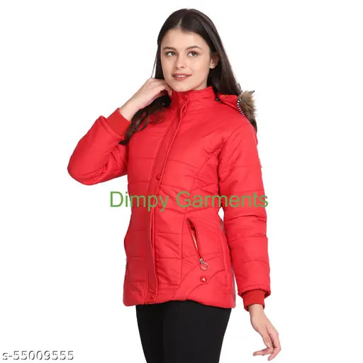 Red nylon quilted hoodie, adjustable and removable hood, women's winter jacket with zip pockets and machine washable, Dimpy Garments quality