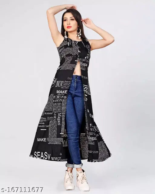 Long kurti dress with a scoop neck, in a dark color, sleeveless, and featuring an all over print
