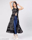 Long kurti dress with a scoop neck, in a dark color, sleeveless, and featuring an all over print