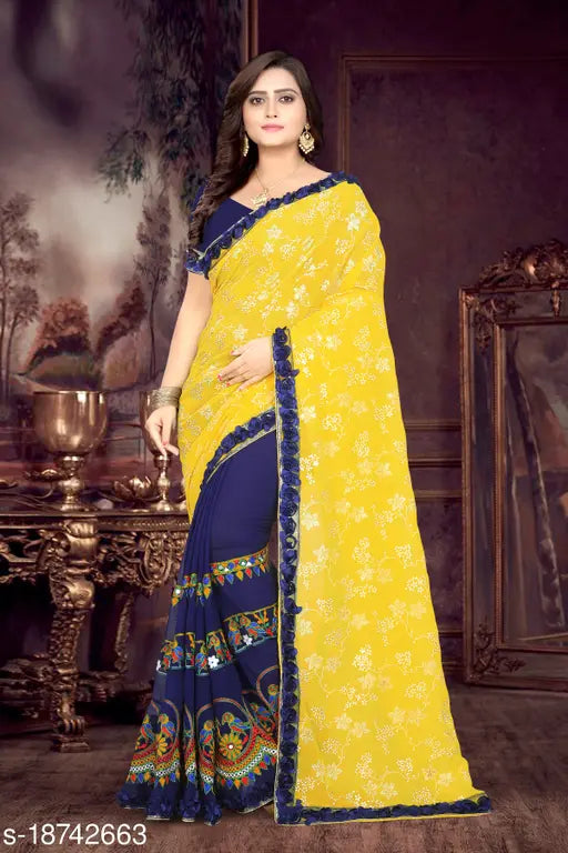 Georgette yellow embroidered sari set with blouse