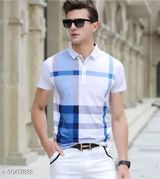 Blue printed polo neck cotton t-shirt for men, short sleeves, heavy fabric, India origin