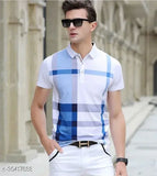 Blue printed polo neck cotton t-shirt for men, short sleeves, heavy fabric, India origin