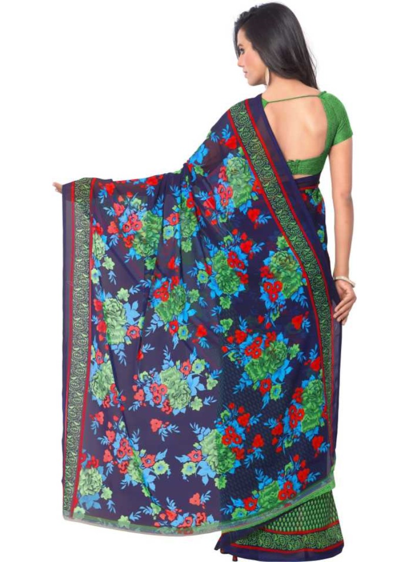 Printed Faux Georgette Green Color Saree