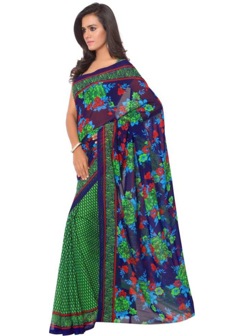 Printed Faux Georgette Green Color Saree