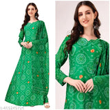 Green cotton blend Anarkali kurti set with dupatta (no bottom), Georgette fabric, printed flare pattern by FGPL Brand