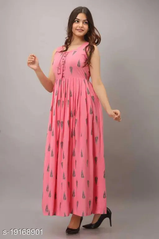 Printed rayon sleeveless pink kurti, vibrant Indian fashion on model