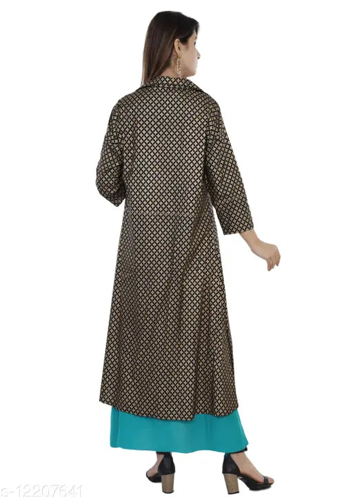 Blue rayon printed shrug kurti, three-quarter sleeves, Indian ethnic women's fashion