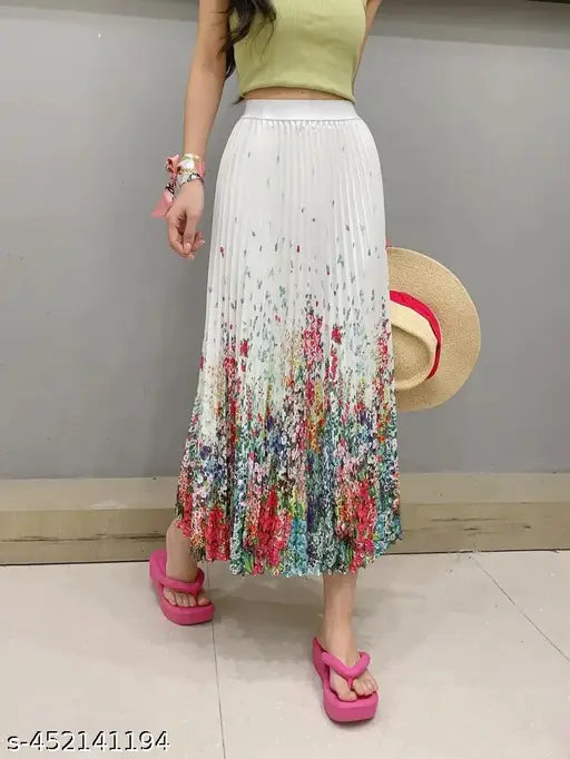 Vintage pleated skirt with brush print and elastic waist. Mid-length, women's fashion