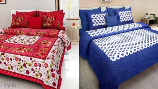 Jaipuri printed cotton double bed sheets set with 4 pillow covers, Indian-inspired design for queen size beds