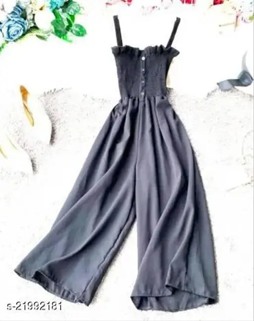 Trendy rayon sleeveless jumpsuit for women, solid-pattern partywear on model, M size, India origin