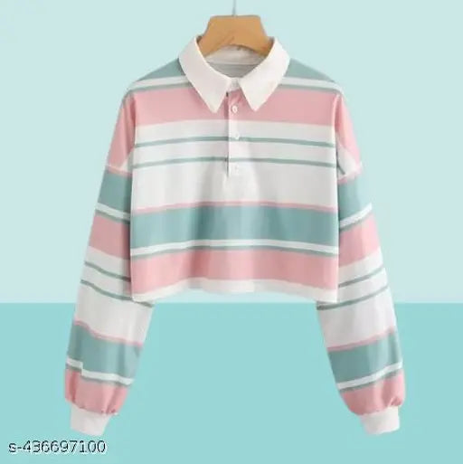 Korean Pastel Perfection Striped LongSleeve Polo T-Shirt in Pastel Pink, Blue, White - Button-Up Front, Lycra, India