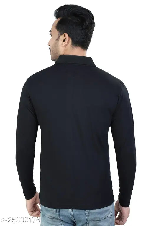 Black full sleeve polo neck T-shirt, solid men's cotton t-shirt on hanger, long sleeves, black color